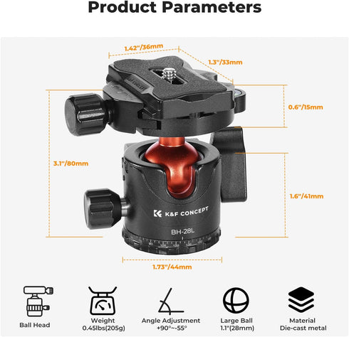 K&F CONCEPT 28mm 360 1/4 inch 22 Professional Metal Tripod Ball Head Degree Rotating Panoramic with Quick Release Plate