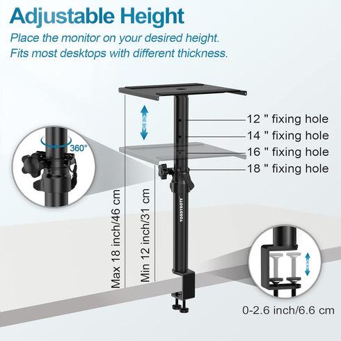 Set of 2 Height Adjustable Studio Monitor Speaker Stands, 12" to 18" with Desk Clamp for Desktop Use.