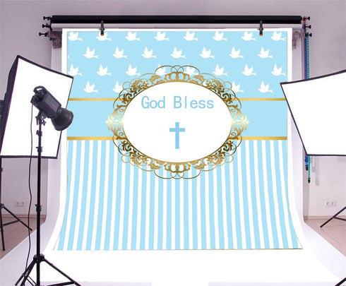 Yeele 4x4ft Cross God Bless Backdrops for Photography, Infant Baptism Peace Pigeon Blue Stripes Background for Baby