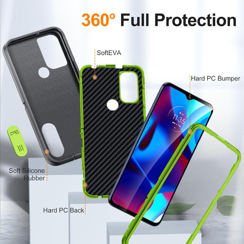 Moto G Play 2023 Case with Kickstand, 3-Layer Military Grade Protective Silicone Shockproof Cover (Gray+Green)