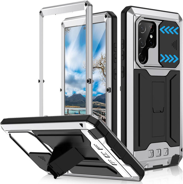 Aluminum Metal Waterproof Case for Samsung Galaxy S22 Ultra 5G, Shockproof Military Heavy Duty Protector with Sliding