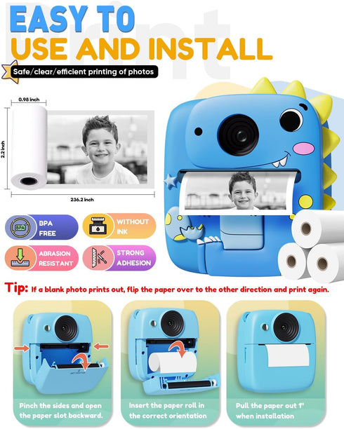 Kids Camera Instant Print, 1080P Digital Camera with Silicone Cover, Portable Travel Toy for Age 3-8, Blue
