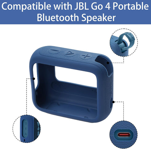 for JBL Go 4 Waterproof Bluetooth Speaker, Silicone Cover Case with Carabiner, Portable Protective Skin Case, Blue