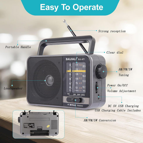 Portable Radio AM FM, Transistor Radio with Loud Speaker, Battery Powered or DC USB, Suitable for Indoor and Outdoor Use