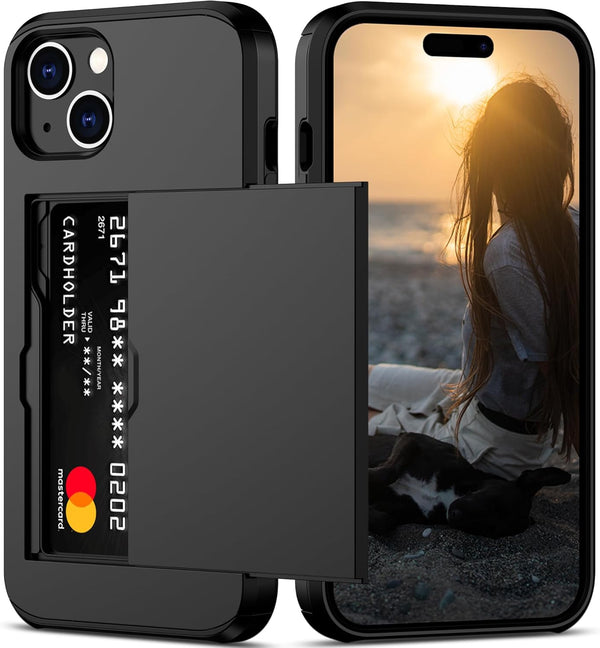 Nvollnoe iPhone 15 Case - Heavy Duty Dual Layer, Slim Wallet with Hidden Card Slot, Shockproof, 6.1" (Black)