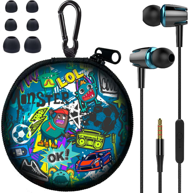 Skull Earbuds Set with Case for Kids - Wired Headphones with Small Size Ear Tips, Aesthetic Ear Buds for Phone and PC