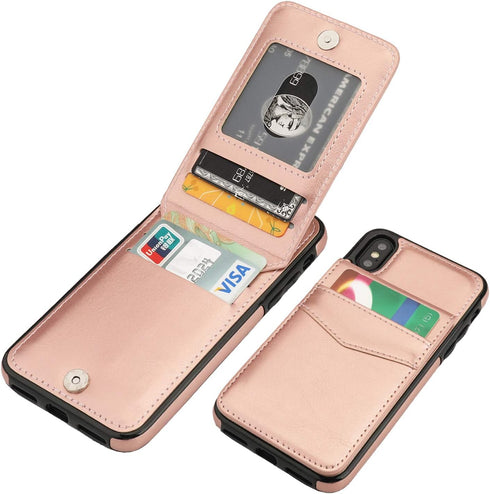 KIHUWEY Wallet Case for iPhone X/Xs - Premium Leather with Credit Card Holder, Heavy Duty Protective Cover (Rose Gold)