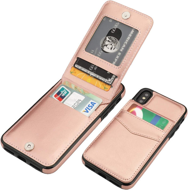 KIHUWEY Wallet Case for iPhone X/Xs - Premium Leather with Credit Card Holder, Heavy Duty Protective Cover (Rose Gold)