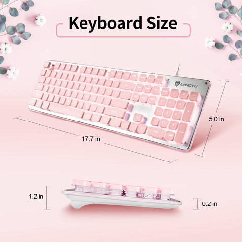 LANGTU Computer Keyboard, Backlit LED Pink Keyboard for Office, All-Metal Panel USB Wired Membrane Keyboard, 25 Keys