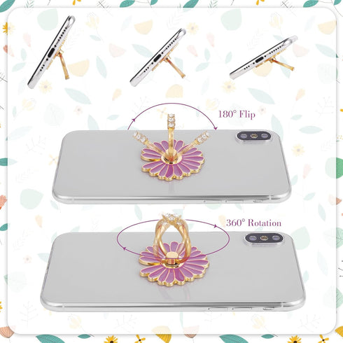 Cell Phone Ring Stand, 4PCS Cute Daisy Cell Phone Ring Holders, 180°/360° Rotation Metal Finger Ring Stand for Most
