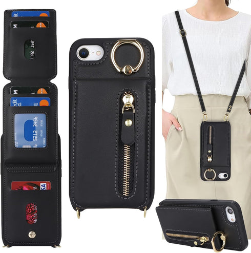 iPhone 7 8 SE (2020) Case with Card Holder, Wallet with Strap, Credit Card Slots Crossbody, Kickstand Zipper Case -
