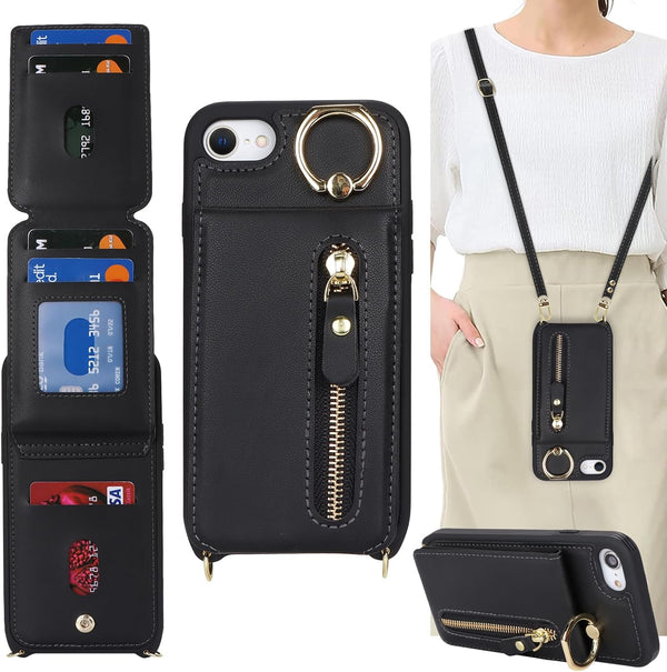iPhone 7 8 SE (2020) Case with Card Holder, Wallet with Strap, Credit Card Slots Crossbody, Kickstand Zipper Case -