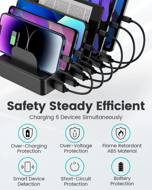 CREATIVE DESIGN Charging Station 50W, 6 Ports Multi Charger Station with 6 Charging Cables, USB Charging Dock for