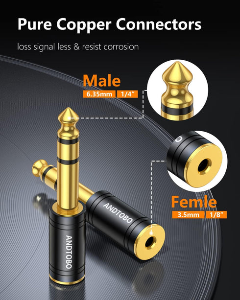 ANDTOBO 1/4''(6.35mm) Male to 1/8'' (3.5mm) Female Stereo Audio Jack Adapter, Pure Copper, 1 Pack, Black