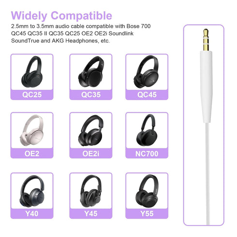Replacement QC45 Audio Cable 3.5mm to 2.5mm Cord Compatible with Bose 700 QuietComfort 45 QC35 II QC35 QC25 OE2 OE2i Soundlink SoundTrue Wireless Headphones, White