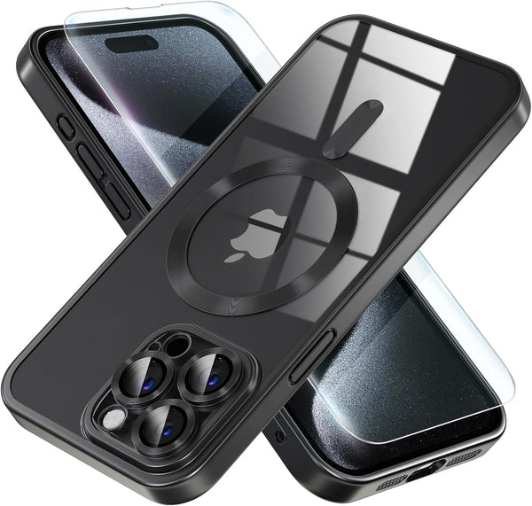 Magnetic Soft Clear Phone Case for iPhone 15 Pro Max, Titanium Black with Military Grade Drop Protection