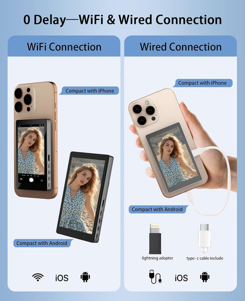 2000mAh 3-Level 4K/30FPS FLATIC Selfie Monitor Screen for iPhone & Android, Back Camera Vlog Selfie Monitor