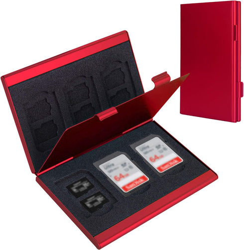 LAVILI SD Card Holder Case, Aluminum Alloy Hard Shell, Double-Layer for 6SD & 12 TF Cards, Red Color