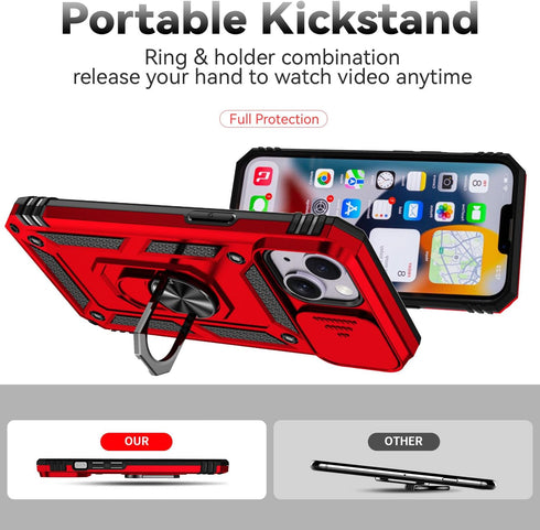SunStory iPhone 14 Plus Case - with HD Screen Protector & Slide Camera Cover & Rotated Ring Kickstand - Red