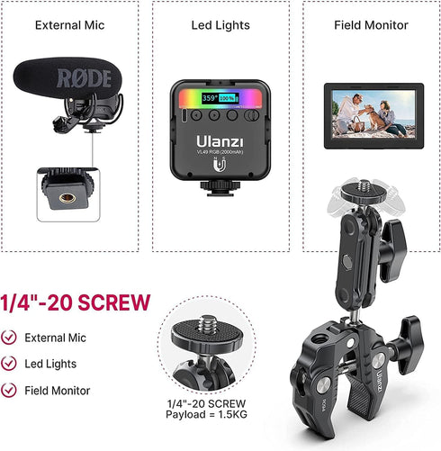 ULANZI Super Clamp Camera Mount with 360° Ballhead Magic Arm, 1/4"-20 & 3/8"-16 Thread for Canon Nikon DSLR/Gopro