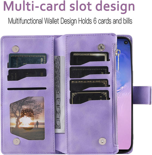 Asuwish Galaxy S10 Wallet Case with Mandala Flower, Tempered Glass, Wrist Strap, Zipper Card Holder, Purple.