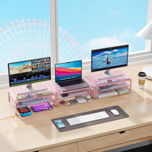 gianotter 2-Tier Metal Monitor Stand Riser, Desk Accessories & Workspace Organizer for Office Supplies, Pink