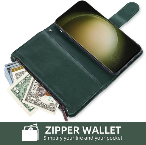 Asuwish Wallet Case for Samsung Galaxy S23 Ultra 5G - Dark Green, 6.8" with Tempered Glass Protector & Flip Card Holder.