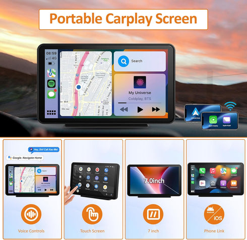 Portable Apple Carplay Screen for Car - Wireless Android Auto Stereo, 7 Inch IPS Touch Screen