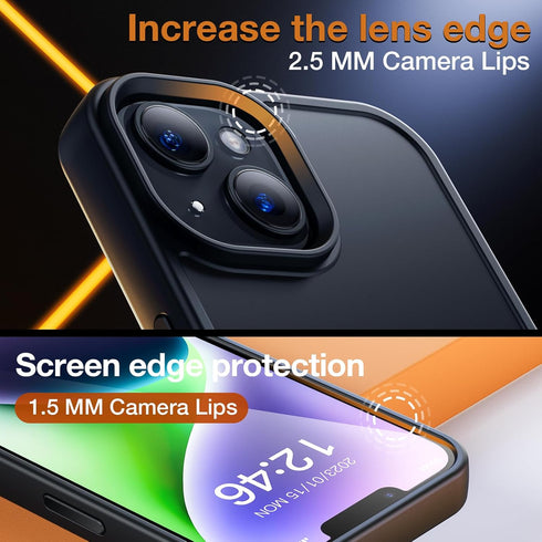 iPhone 14 Case, Shockproof iPhone 13 Case, Military Grade Protection, Slim Translucent Hard Back, 6.1'', Frosted Black