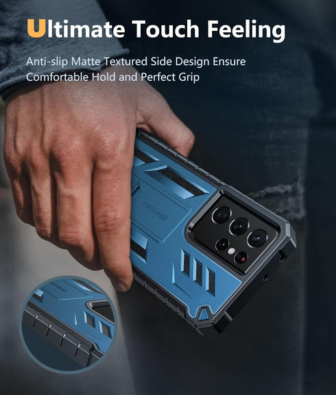 FNTCASE Samsung Galaxy S21 Ultra Case: Rugged Military Grade Shockproof TPU Cover with Kickstand, Matte Blue Design.