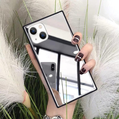 LUVI iPhone 13 Mirror Case for Women, Cute Luxury Glossy Glass Design with Silicone Bumper, Silver