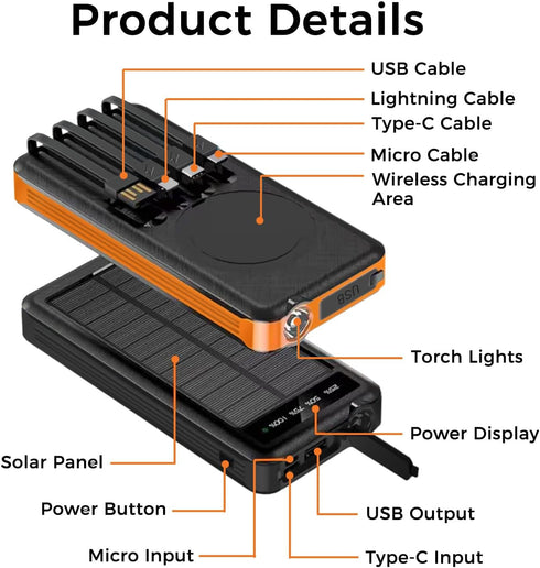 Outdoor Solar Portable Power Bank with Wireless Charging, 10000mAh Battery, IP65 Waterproof, LED Flashlight
