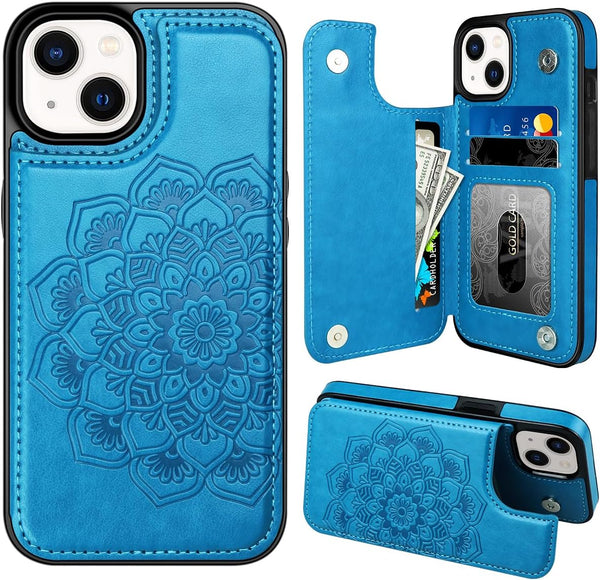 MMHUO iPhone 13 Case with Card Holder, Flower Magnetic Back Flip Wallet Case for Women, Protective Blue Phone Case