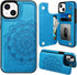 MMHUO iPhone 13 Case with Card Holder, Flower Magnetic Back Flip Wallet Case for Women, Protective Blue Phone Case