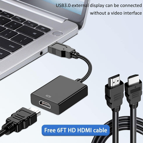 USB to HDMI Adapter with 6FT HDMI to HDMI Cable, USB 3.0 to HDMI Full 1080P Video Audio Converter for PC, Laptop to Monitor, Support Windows XP 7/8/8.1/10/11