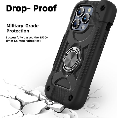 MARKILL iPhone 15 Pro Max Case, Heavy-Duty Military Grade Shockproof Cover with Double Ring Stand (Black)