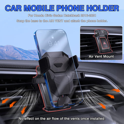 Karltys Car Phone Holder for Honda Civic 2016-2021 Accessories, 10th Gen. Civic Cell Phone Holer Air Vent Mount for 4-7 Inch Smartphones, Never Blocking Hands Free Thick Case Friendly Mobile Stand