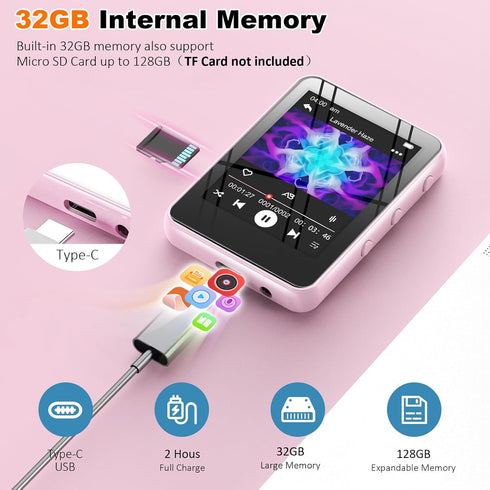 JOJOLEPAI MP3 32GB 128GB) Music Player with Bluetooth, Storage, Full Touch Screen, Built-in Speaker, FM Radio & Voice