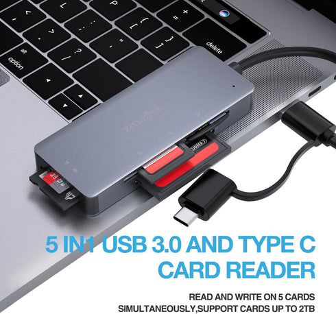 USB3.0 Type-C 5in1 Multi Card Reader, SD/Micro SD/CF/MS/XD Memory Card Adapter for PC/Laptop/Smartphone/Tablets