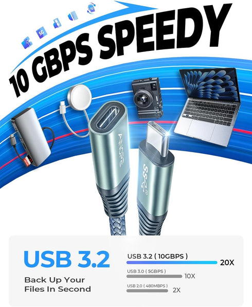 AINOPE USB C Extension Cable 6.6ft, 10Gbps, 100W - Fast Type C Extender for MacBook Air M2 Pro, PSVR2, iPad Pro, Dell