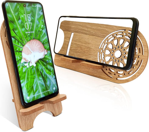 Wooden Desk Cell Phone Stand, Charging Organizer Compatible with iPhone, iPad, and Tablets, Use Horizontally or