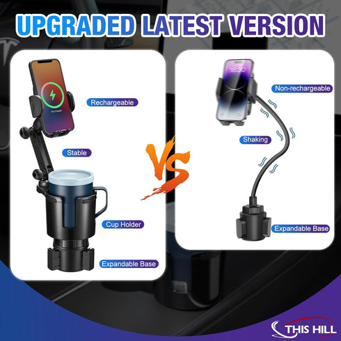 This Hill 3-in-1 Car Wireless Charger Cup Holder, 15W Charging, Adjustable Base & 360° Rotation for Smartphones
