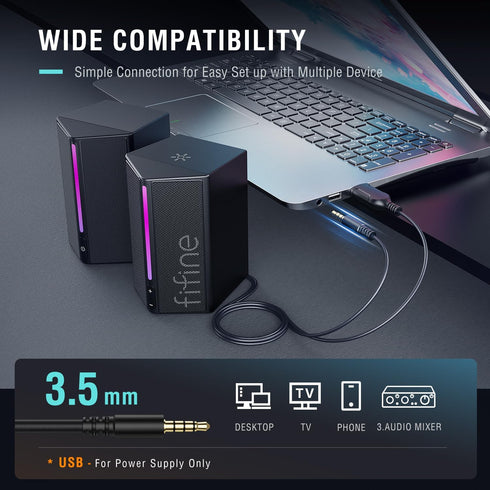 FIFINE Computer Speakers, Desktop PC Speakers with Volume Control, RGB Wired Gaming Speakers for Laptop & Tablet