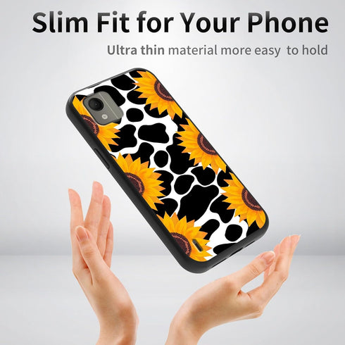 for Nokia C110 Phone Case, Soft TPU Ultra-Thin Nokia C110 N156DL 2023 Case for Women Girl, Flexible Anti Scratch Protective Shockproof Cover, Cow Print Sunflowers