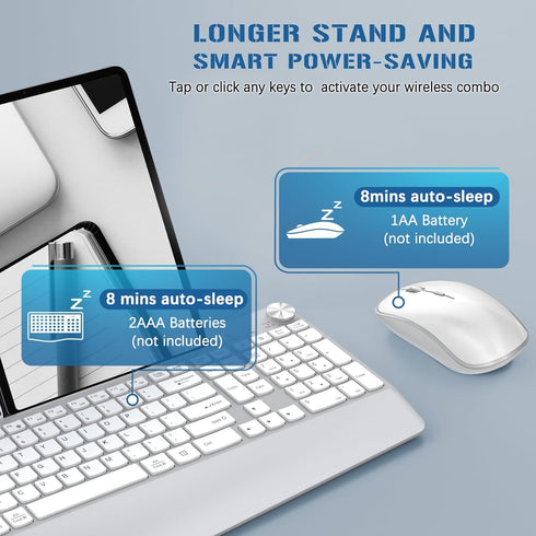 JOYACCESS Ergonomic Wireless Keyboard and Mouse Combo - Full-Sized with Wrist Rest, Silver