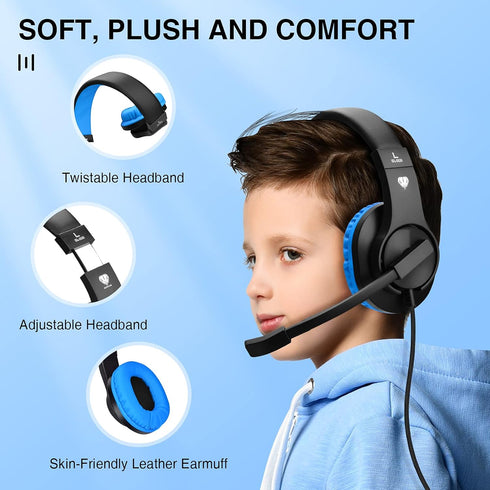 ShinePick Kids Over-Ear Gaming Headphones with Microphone and Volume Control for Kids Teens Online School (Blue)