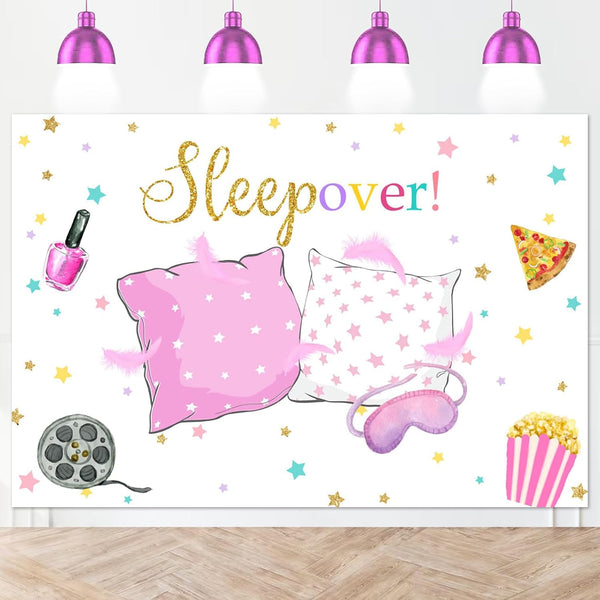 Mocsicka Sleepover Party Backdrop for Pink Girl Pajamas Pillow Fight Decorations, Slumber Party Banner (5x3ft)