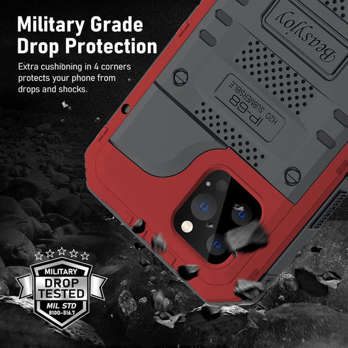 Beasyjoy Waterproof Case for iPhone 12 Pro Max, Metal Heavy Duty Defender with Built-in Screen Protector, 6.7 Inch (Red)