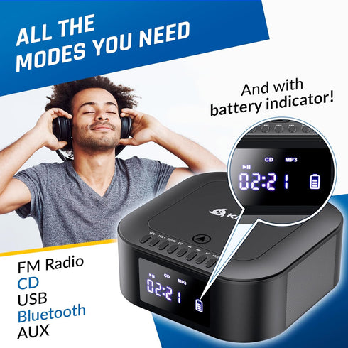 KLIM E1 MP3 Boombox - CD Player Portable Audio System + Extra BASS with Subwoofer + FM Radio, CD Bluetooth AUX USB +
