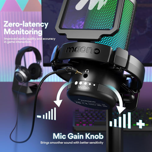 MAONO Gaming Microphone USB for PC, RGB Lights, Noise Cancellation Condenser Mic, Mute, Gain for Streaming, Recording,